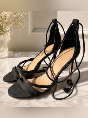 LOFT Black Lace-Up Heels Strappy Ankle Tie Sandals 3.5” Heel